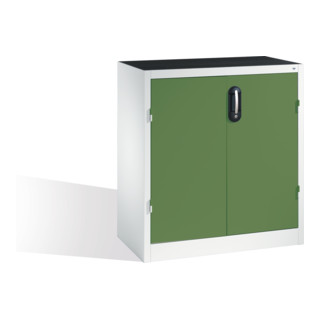 Armoire d'appoint à outils C+P avec portes battantes, 2 tablettes et 3 tiroirs, H1000xL930xP500mm Façade vert réséda Corps gris clair