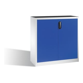 Armoire d'appoint à outils C+P avec portes battantes, 2 tablettes intérieures, H1200xL1200xP500mm Façade bleu gentiane Corps gris clair