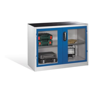 Armoire d'appoint à outils C+P avec portes battantes à fenêtre transparente, 1 fond, H1000xL1200xP500mm Façade bleu gentiane Corps gris clair