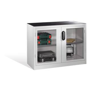 Armoire d'appoint à outils C+P avec portes battantes à fenêtre transparente, 1 fond, H1000xL1200xP500mm Façade gris clair Corps gris clair