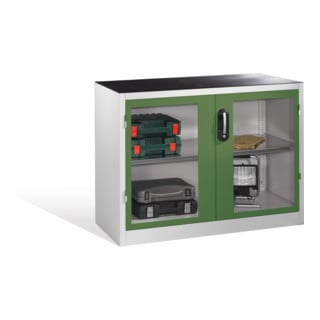 Armoire d'appoint à outils C+P avec portes battantes à fenêtre transparente, 1 fond, H1000xL1200xP500mm Façade vert réséda Corps gris clair