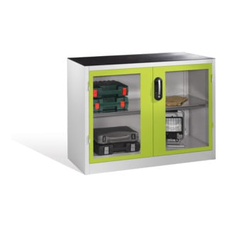 Armoire d'appoint à outils C+P avec portes battantes à fenêtre transparente, 1 fond, H1000xL1200xP500mm Façade vert viridine Corps gris clair