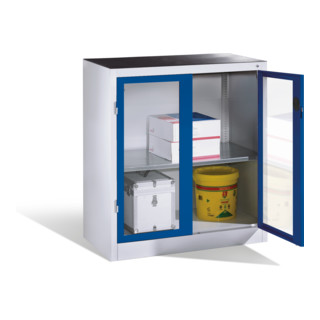 Armoire d'appoint à outils C+P avec portes battantes à fenêtre transparente, 1 fond, H1000xL930xP500mm Façade bleu gentiane Corps gris clair