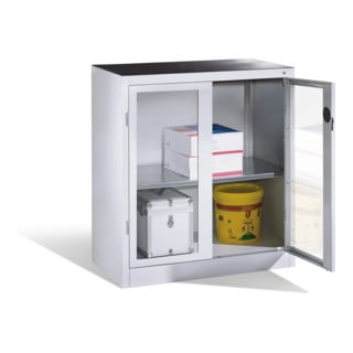 Armoire d'appoint à outils C+P avec portes battantes à fenêtre transparente, 1 fond, H1000xL930xP500mm Façade gris clair Corps gris clair