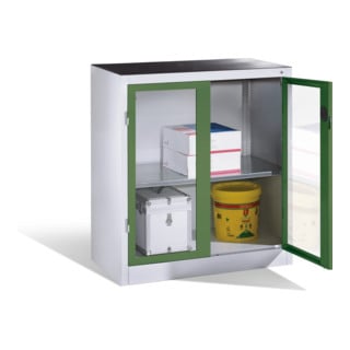 Armoire d'appoint à outils C+P avec portes battantes à fenêtre transparente, 1 fond, H1000xL930xP500mm Façade vert réséda Corps gris clair