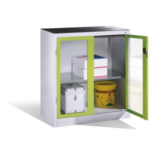Armoire d'appoint à outils C+P avec portes battantes à fenêtre transparente, 1 fond, H1000xL930xP500mm Façade vert viridine Corps gris clair