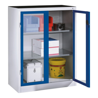 Armoire d'appoint à outils C+P avec portes battantes à fenêtre transparente, 2 tablettes, H1200xL930xP500mm Façade bleu gentiane Corps gris clair