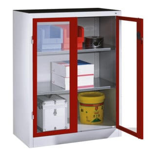 Armoire d'appoint à outils C+P avec portes battantes à fenêtre transparente, 2 tablettes, H1200xL930xP500mm Façade rouge rubis Corps gris clair