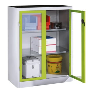 Armoire d'appoint à outils C+P avec portes battantes à fenêtre transparente, 2 tablettes, H1200xL930xP500mm Façade vert viridine Corps gris clair
