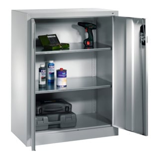 Armoire d'appoint à outils C+P avec portes battantes, intérieur 2 tablettes, H1200xL930xP500mm Façade gris clair Corps gris clair