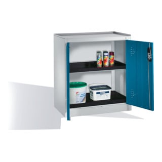 Armoire d'appoint environnementale C+P avec portes battantes, 2 bacs en polyéthylène, H1020xL930xP500mm Façade bleu clair Corps gris clair
