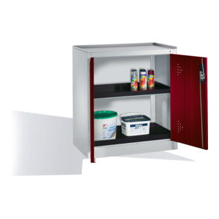 Armoire d'appoint environnementale C+P avec portes battantes, 2 bacs en polyéthylène, H1020xL930xP500mm Façade rouge rubis Corps gris clair