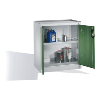 Armoire d'appoint environnementale C+P avec portes battantes, 2 tablettes pour bacs, H1020xL930xP500mm Façade vert réséda Corps gris clair