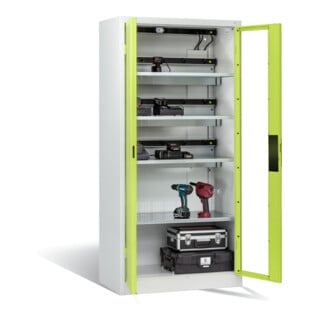 Armoire de charge à accu C+P pour 15 outils électriques, fenêtre, H1950xL930xP500mm, vert viridine/gris clair