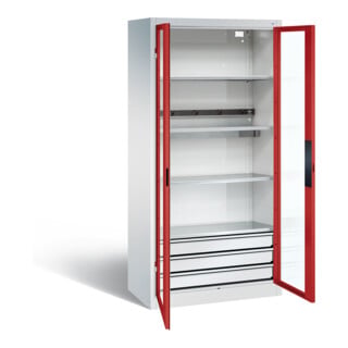Armoire de charge à accu C+P pour 5 outils électriques, 3 tiroirs, fenêtre, H1950xL930xP500mm, rouge feu/gris clair