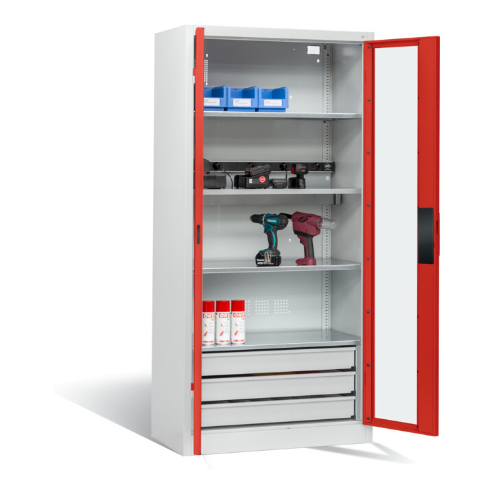 Armoire de charge à accu C+P pour 5 outils électriques, 3 tiroirs, fenêtre, H1950xL930xP500mm, rouge feu/gris clair