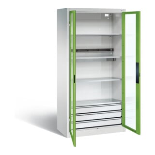 Armoire de charge à accu C+P pour 5 outils électriques, 3 tiroirs, fenêtre, H1950xL930xP500mm, vert viridine/gris clair