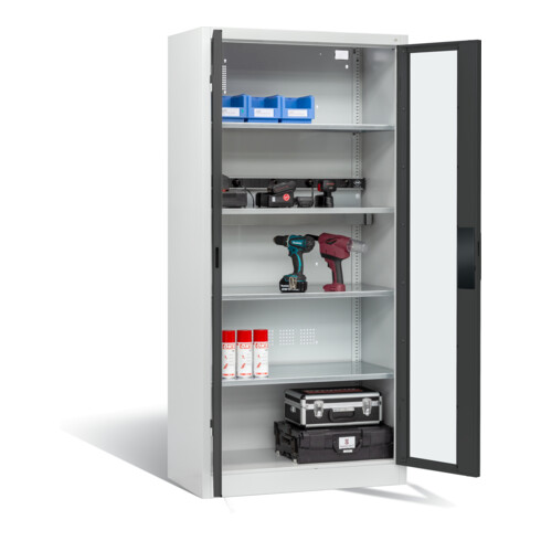 Armoire de charge à accu C+P pour 5 outils électriques, fenêtre, H1950xL930xP500mm, gris anthracite/gris clair