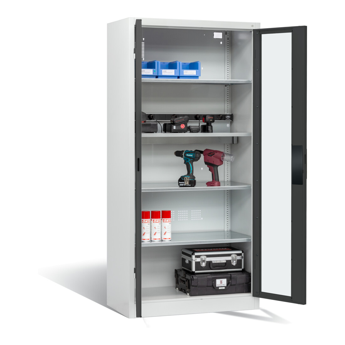 Armoire de charge à accu C+P pour 5 outils électriques, fenêtre, H1950xL930xP500mm, gris anthracite/gris clair