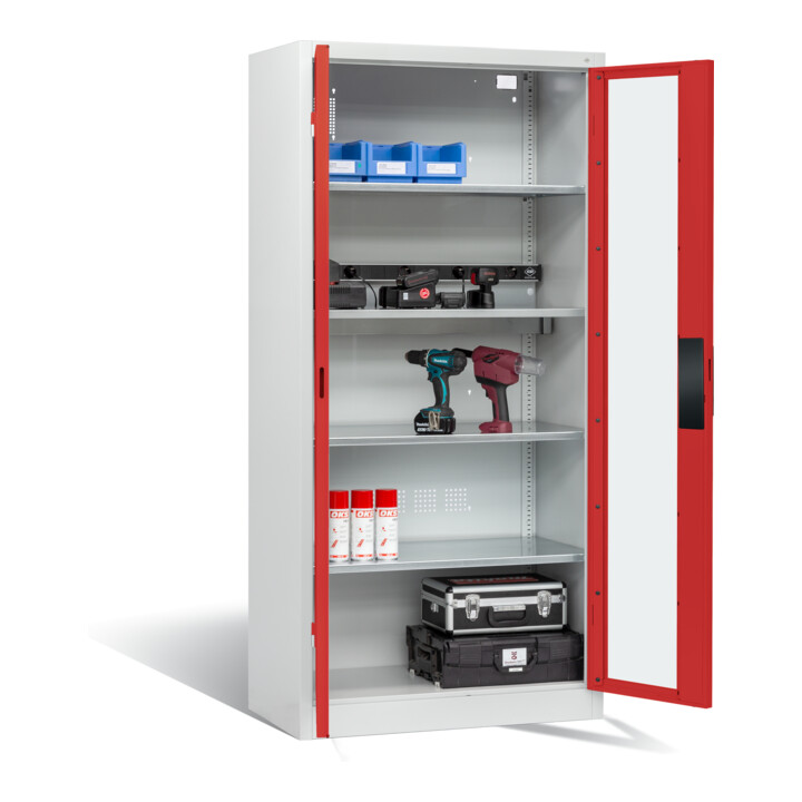 Armoire de charge à accu C+P pour 5 outils électriques, fenêtre, H1950xL930xP500mm, rouge feu/gris clair