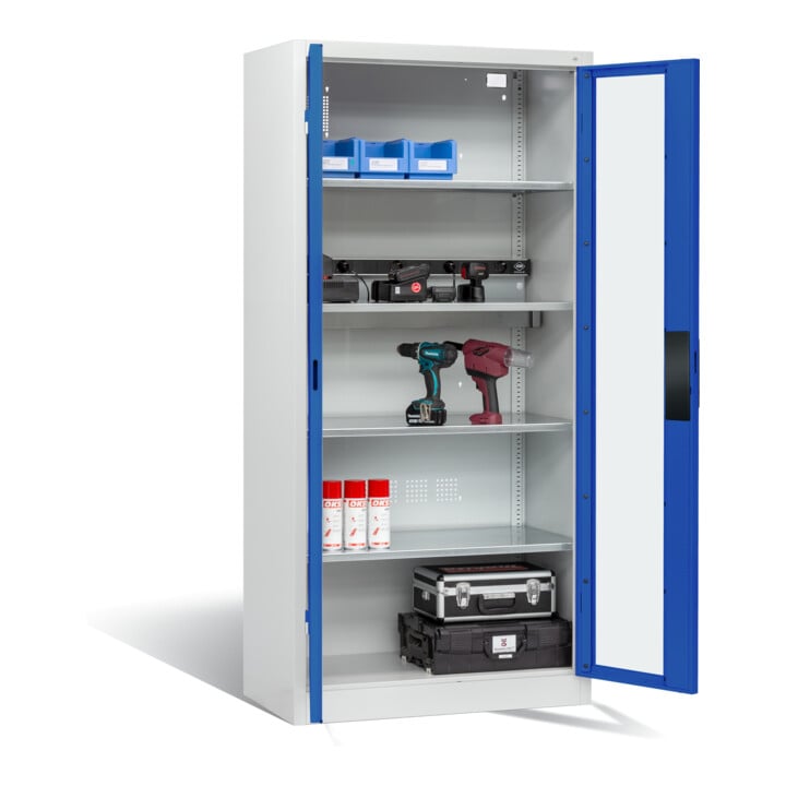 Armoire de charge batterie C+P pour 5 outils électriques, fenêtre, H1950xL930xP500mm, bleu gentiane/gris clair