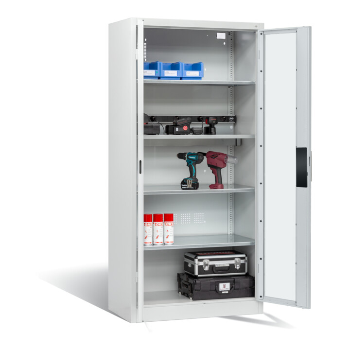 Armoire de charge C+P Akku pour 5 outils électriques, fenêtre, H1950xL930xP500mm, gris clair