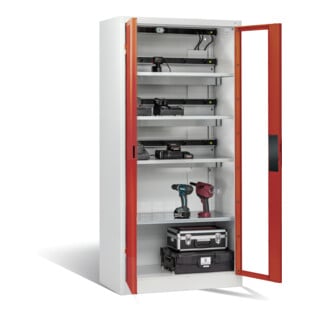 Armoire de charge C+P pour 15 outils électriques, fenêtre, H1950xL930xP500mm, rouge feu/gris clair