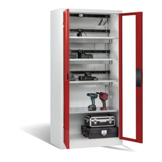 Armoire de charge C+P pour 15 outils électriques, fenêtre, H1950xL930xP500mm, rouge rubis/gris clair