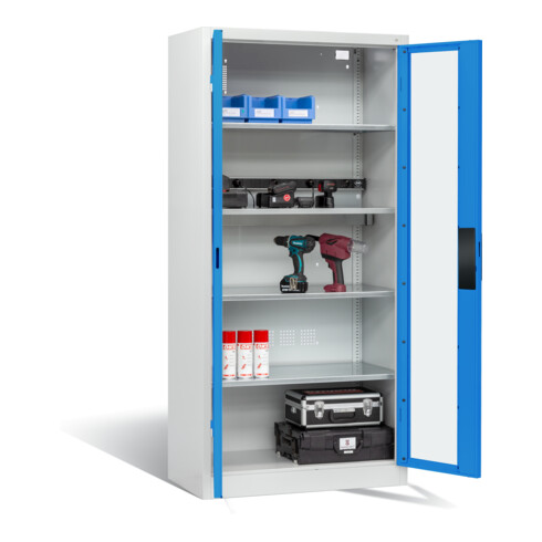 Armoire de charge C+P pour 5 outils électriques, fenêtre, H1950xL930xP500mm, bleu clair/gris clair