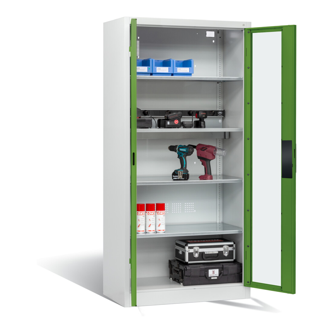 Armoire de charge C+P pour 5 outils électriques, fenêtre, H1950xL930xP500mm, vert réséda/gris clair