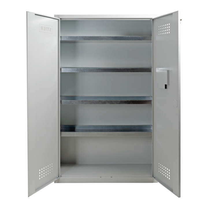 Armoire de sécurité STIER avec 4 bacs-étagères galvanisés 1 950x1 200x420 mm