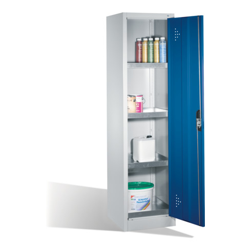 Armoire d'environnement C+P avec porte battante, 4 tablettes pour bacs, H1950xL500xP500mm Façade bleu gentiane Corps gris clair