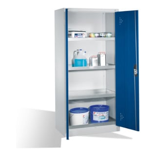 Armoire d'environnement C+P avec portes battantes, 4 tablettes pour bacs, H1950xL930xP500mm Façade bleu gentiane Corps gris clair