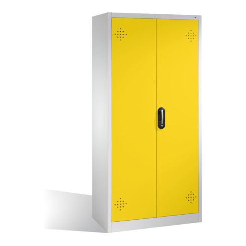 Armoire d'environnement C+P avec portes battantes, 4 tablettes pour bacs, H1950xL930xP500mm Façade jaune trafic Corps gris clair