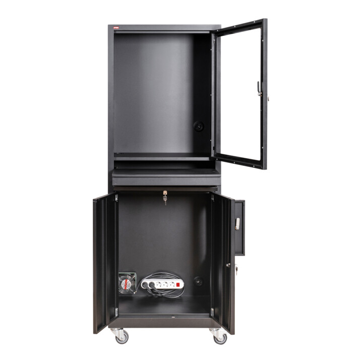 Armoire d'ordinateur STIER avec tiroir, portes et roulettes, 1 750x650x350 mm, noire