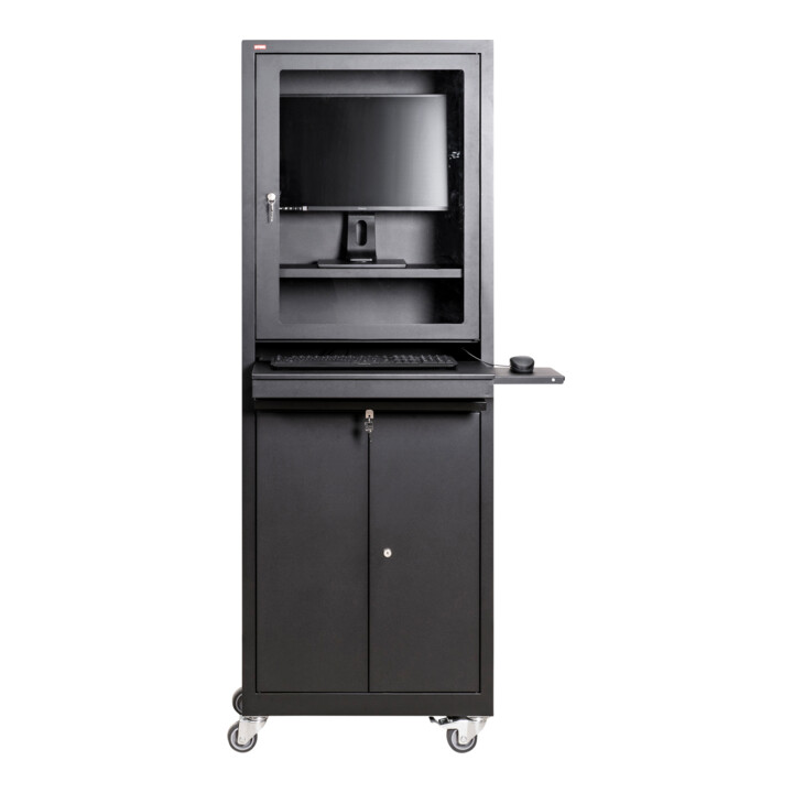 Armoire d'ordinateur STIER avec tiroir, portes et roulettes, 1 750x650x350 mm, noire