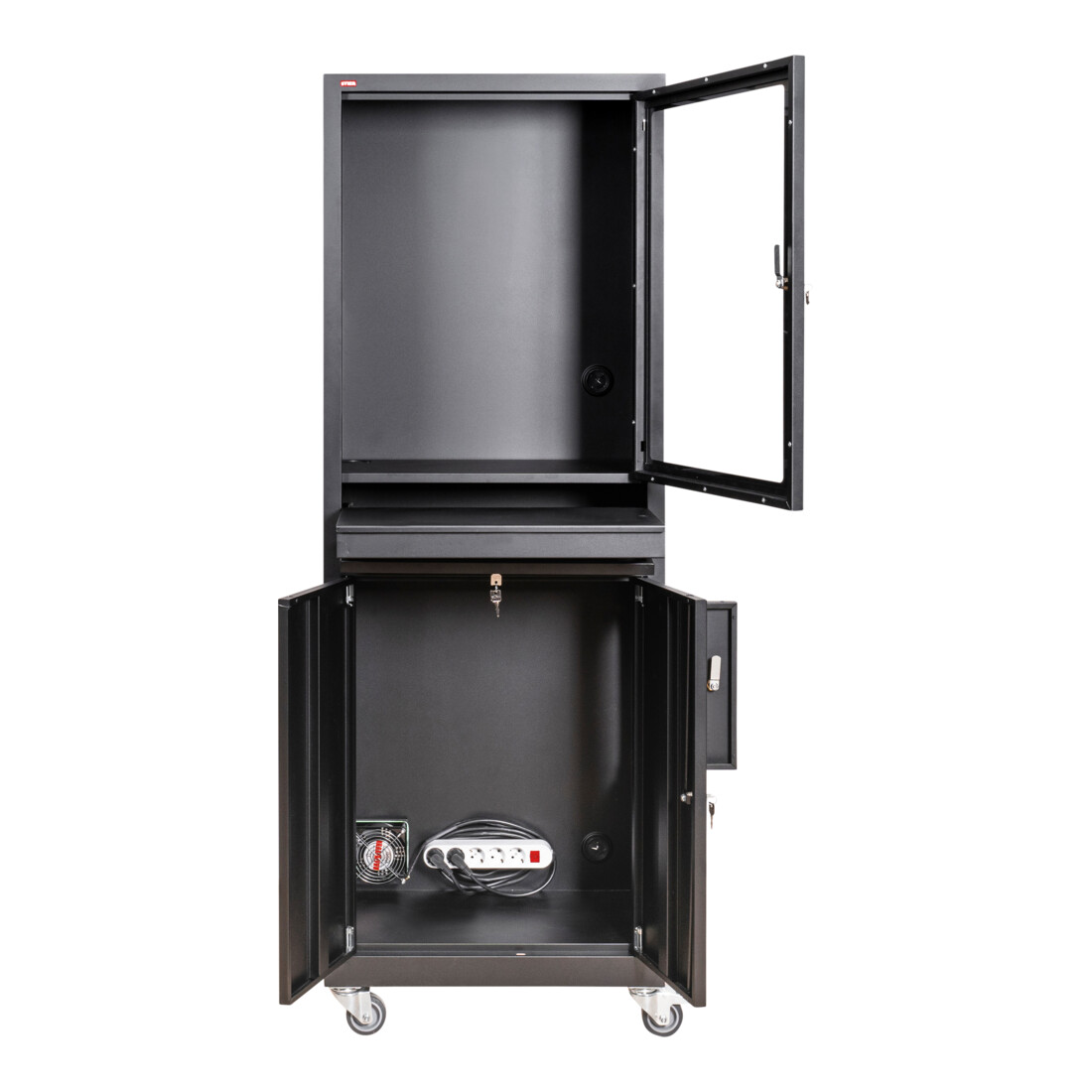Armoire d'ordinateur STIER avec tiroir, portes et roulettes, 1 750x650x550 mm, noire