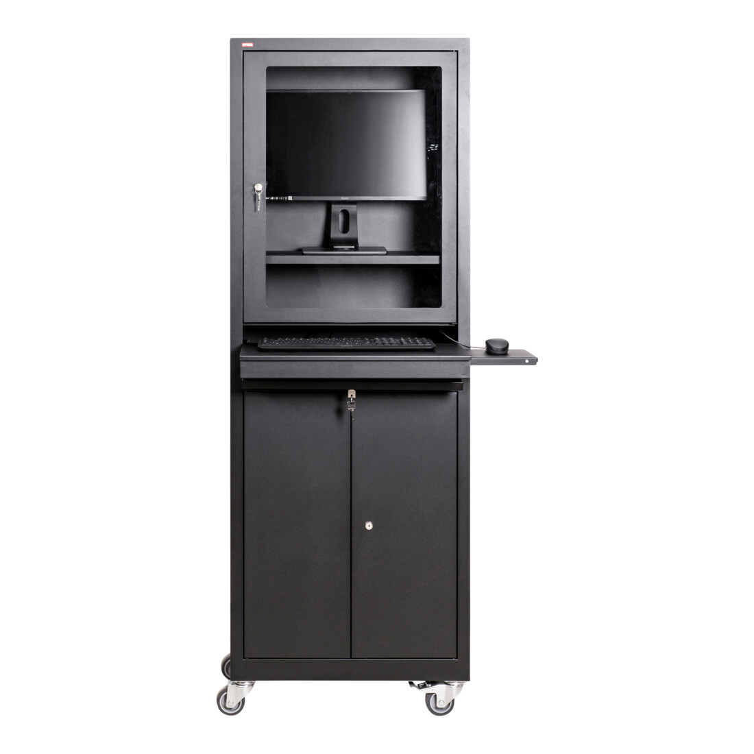 Armoire d'ordinateur STIER avec tiroir, portes et roulettes, 1 750x650x550 mm, noire