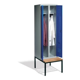 C+P Doppelspind Classic avec banc, 2 compartiments, H2090×I610×P500/815 mm, façade bleu gentiane, corps gris clair