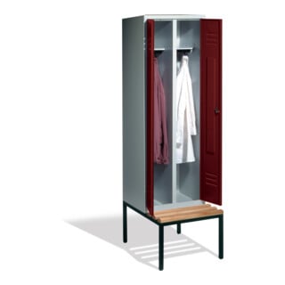 C+P Double pupitre Classic avec banc, 2 compartiments, H2090×I610×P500/815mm, façade rubis, corps gris clair