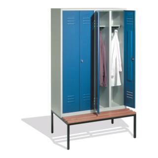 C+P Doppelspind Classic avec banc, 4 compartiments, H2090×I1190×P500/815mm, façade bleu clair, corps gris clair