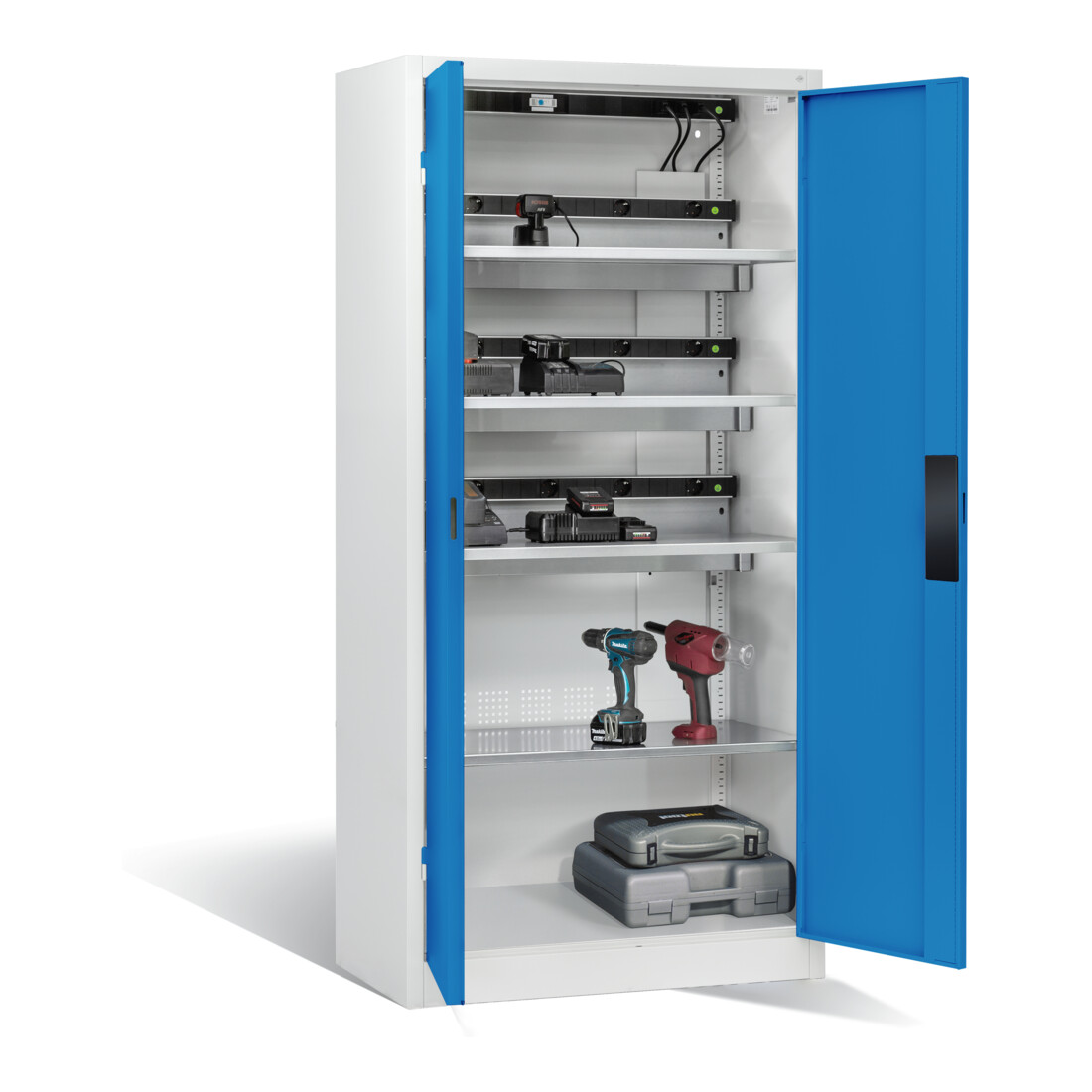 Armoire pour batteries C+P pour 15 outils éléctriques, H 1 950 x l 930 x P 500 mm, bleu clair/gris clair