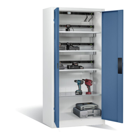 Armoire pour batteries C+P pour 15 outils éléctriques, H 1 950 x l 930 x P 500 mm, bleu distant/gris clair