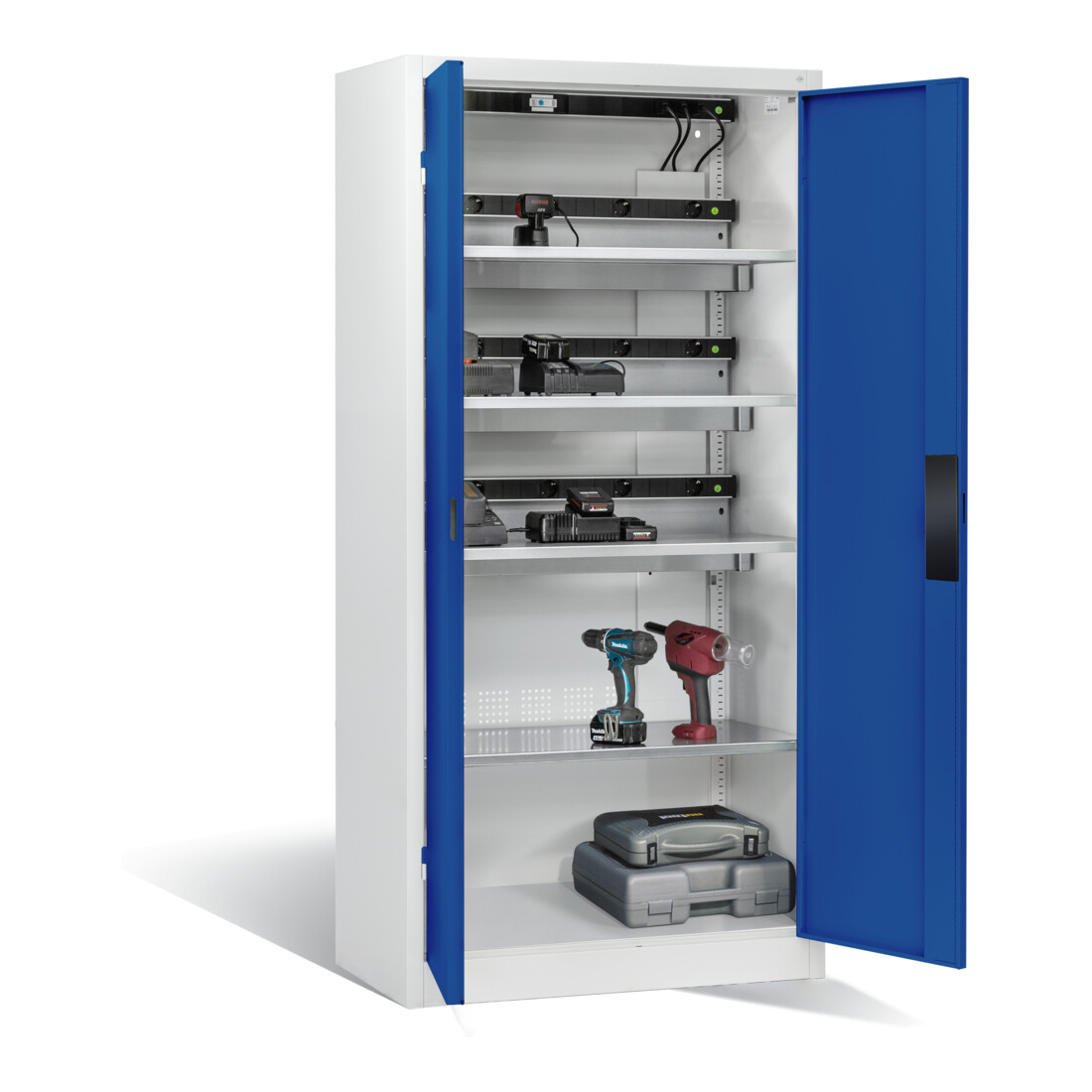 Armoire pour batteries C+P pour 15 outils éléctriques, H 1 950 x l 930 x P 500 mm, bleu gentiane/gris clair