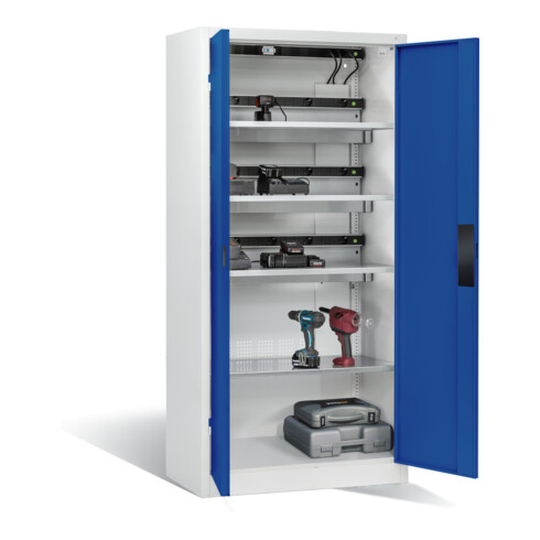 Armoire pour batteries C+P pour 15 outils éléctriques, H 1 950 x l 930 x P 500 mm, bleu gentiane/gris clair