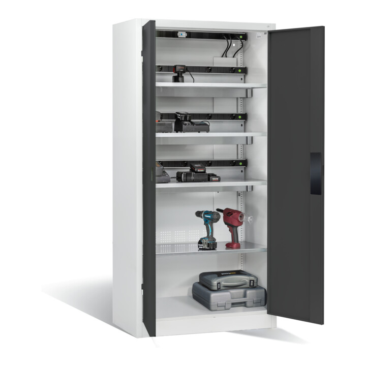 Armoire pour batteries C+P pour 15 outils éléctriques, H 1 950 x l 930 x P 500 mm, gris anthracite/gris clair