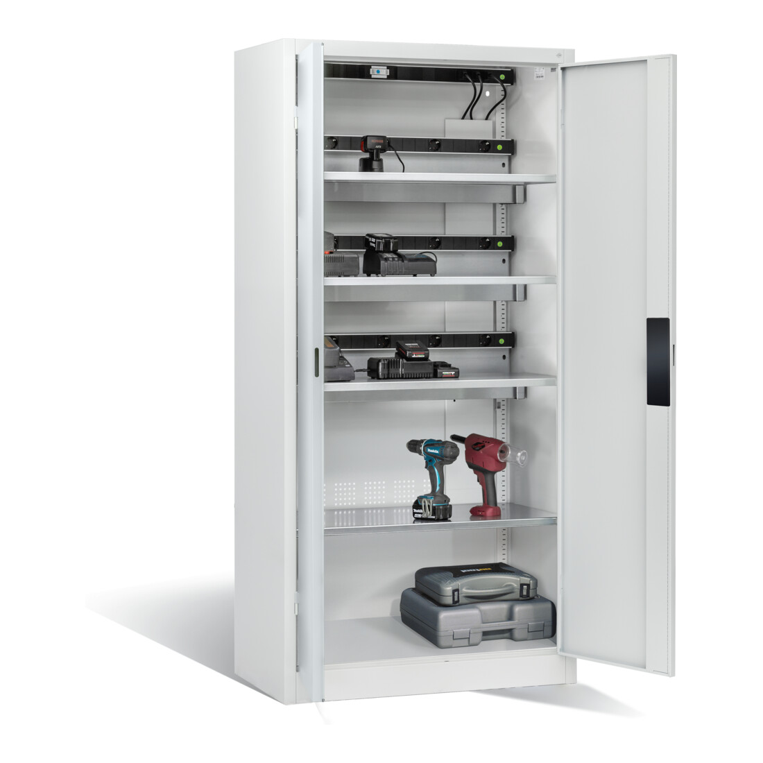 Armoire pour batteries C+P pour 15 outils éléctriques, H 1 950 x l 930 x P 500 mm, gris clair