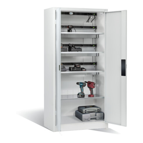 Armoire pour batteries C+P pour 15 outils éléctriques, H 1 950 x l 930 x P 500 mm, gris clair