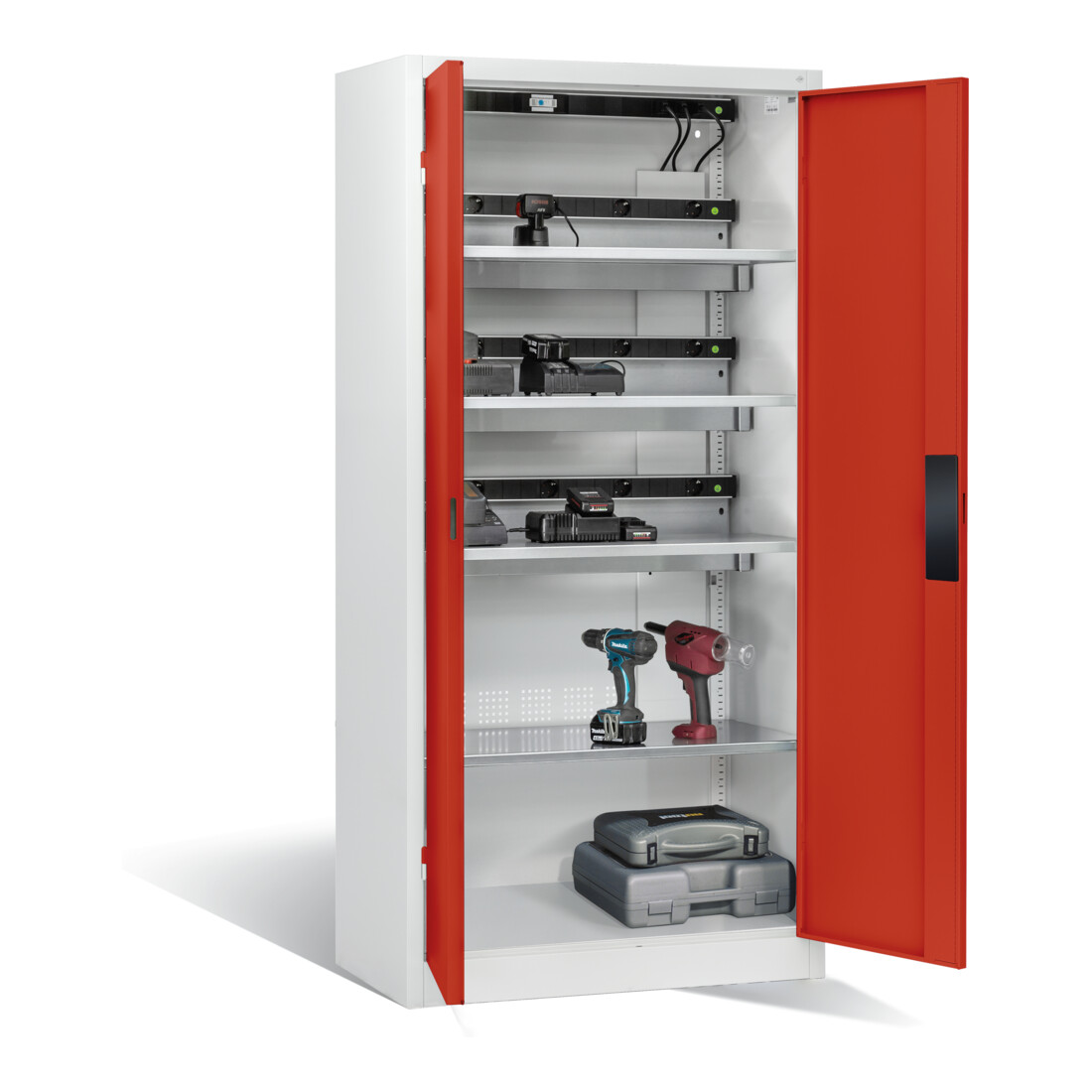 Armoire pour batteries C+P pour 15 outils éléctriques, H 1 950 x l 930 x P 500 mm, rouge feu/gris clair