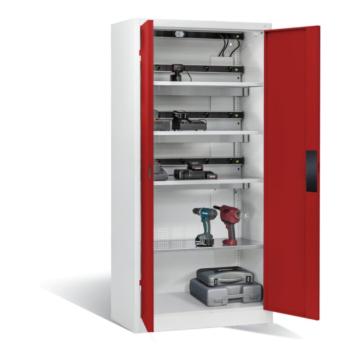 Armoire pour batteries C+P pour 15 outils éléctriques, H 1 950 x l 930 x P 500 mm, rouge rubis/gris clair